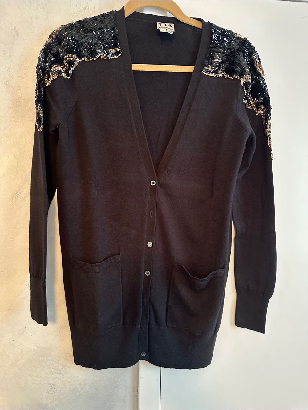 Black Cardigan with Black and Gold Sequin Shoulders